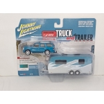 Johnny Lightning 1:64 Cadillac Escalade 2005 metallic teal with Camper Trailer